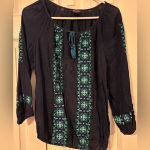Lucky Brand Navy Blouse with Green Embroidery